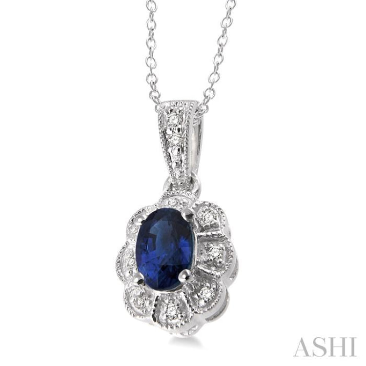6x4 MM Oval Cut Sapphire and 1/20 Ctw Single Cut Diamond Pendant in Sterling Silver with Chain