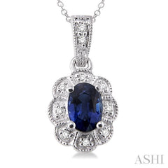 6x4 MM Oval Cut Sapphire and 1/20 Ctw Single Cut Diamond Pendant in Sterling Silver with Chain