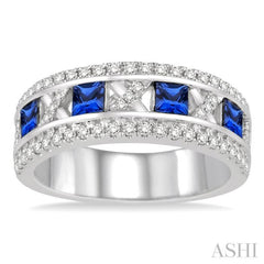 3x3 MM Princess Cut Sapphire and 3/8 Ctw Round Cut Diamond Precious Band in 14K White Gold
