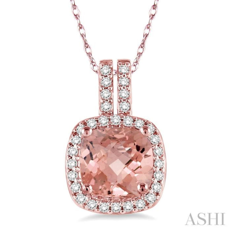 7x7 MM Cushion Shape Morganite and 1/5 Ctw Round Cut Diamond Pendant in 14K Rose Gold with Chain