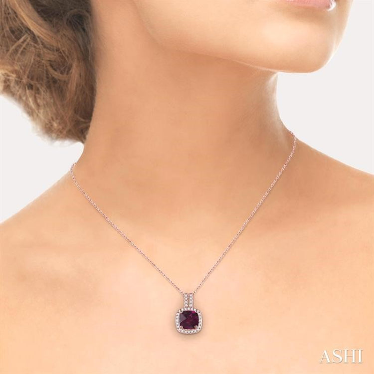 7x7 MM Cushion Shape Rhodolite Garnet and 1/5 Ctw Round Cut Diamond Pendant in 14K Rose Gold with Chain