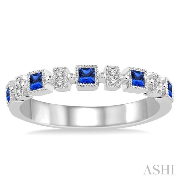2 MM Princess Shape Sapphire and 1/50 Ctw Round Diamond Precious Stone Wedding Band in 14K White Gold