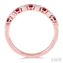 1.8 MM Ruby and 1/6 Ctw Round Cut Diamond Precious Waves Wedding Band in 14K Rose Gold