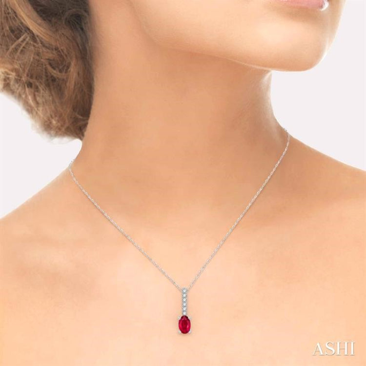 6x4 MM Oval Cut Ruby and 1/20 Ctw Round Cut Diamond Precious Pendant in 10K White Gold with chain