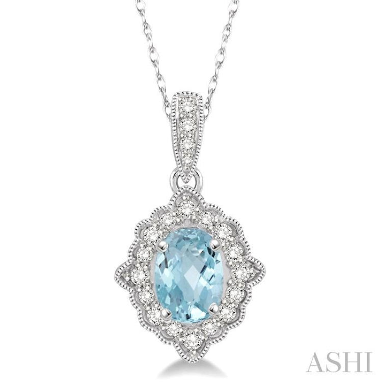6x4 MM Ethnic Oval Cut Aquamarine and 1/6 Ctw Round Cut Diamond Semi-Precious Pendant in 10K White Gold with chain