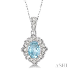 6x4 MM Ethnic Oval Cut Aquamarine and 1/6 Ctw Round Cut Diamond Semi-Precious Pendant in 10K White Gold with chain