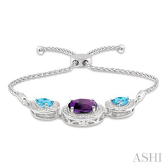 10X8 MM Oval Shape Amethyst & 7X5 MM Pear Shape Blue Topaz and 1/20 Ctw Round Diamond 3Stone Sterling Silver Lariat Bracelet