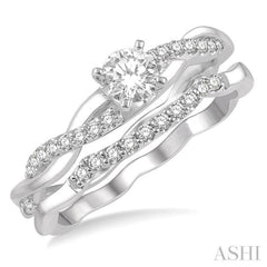 1/2 Ctw Diamond Wedding Set With 1/3 Ct Round Center Diamond Twisted Engagement Ring and 1/10 Ct Wedding Band in 14K White Gold