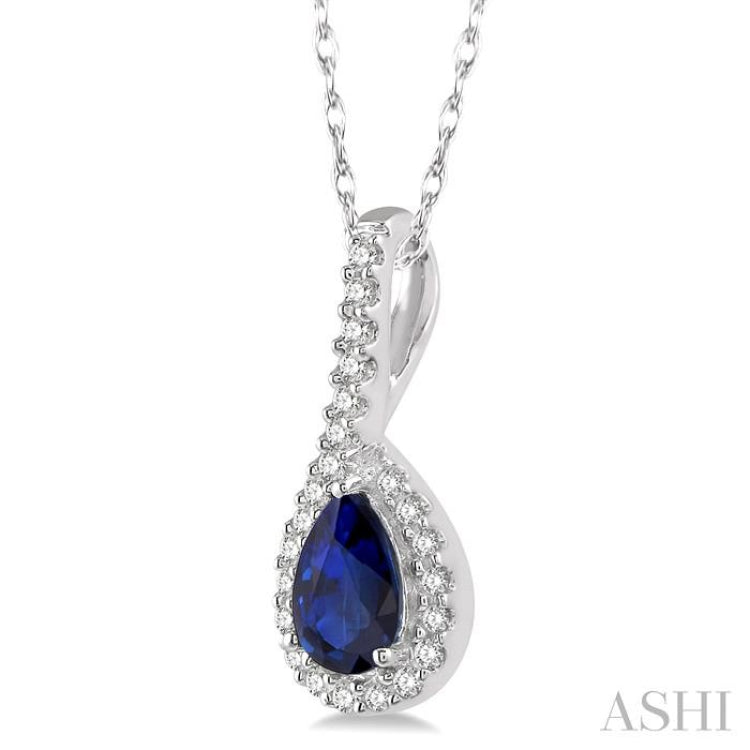 6X4 MM Pear Shape Sapphire and 1/8 Ctw Round Cut Diamond Precious Pendant With Chain in 10K White Gold