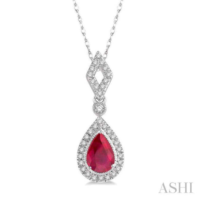 6x4 MM Pear Shape Ruby and 1/6 Ctw Round Cut Diamond Precious Pendant With Chain in 10K White Gold