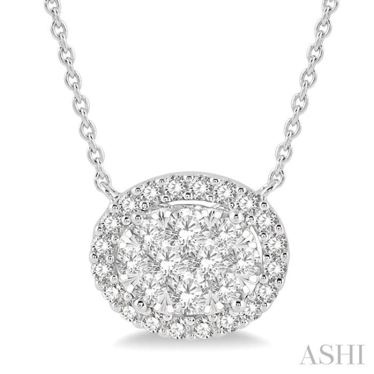 3/4 Ctw Oval Shape Round Cut Diamond Lovebright Pendant With Chain in 14K White Gold
