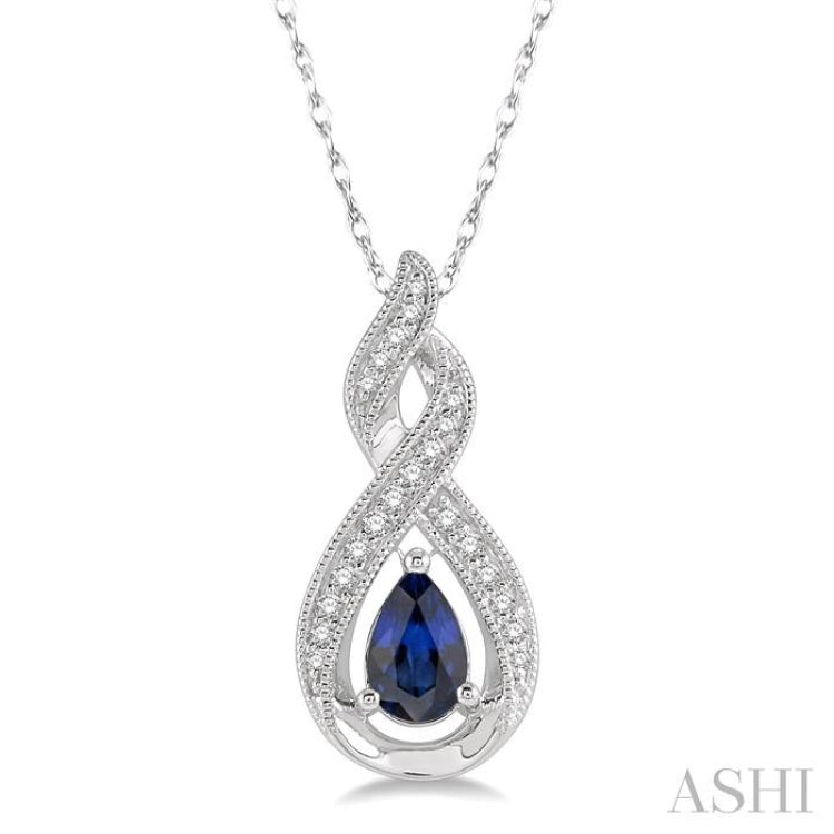 6x4 MM Entwined Pear Shape Sapphire and 1/10 Ctw Round Cut Diamond Precious Pendant With Chain in 10K White Gold