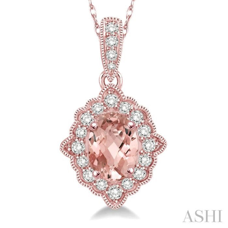 6x4 MM Ethnic Oval Cut Morganite and 1/6 Ctw Round Cut Diamond Semi-Precious Pendant in 10K Rose Gold with chain