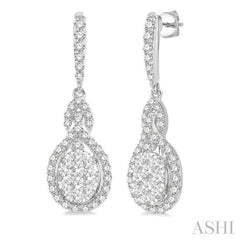 1 1/4 Ctw Oval Shape Dangling Lovebright Round Cut Diamond Earring in 14K White Gold