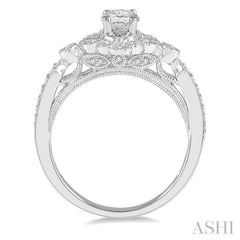 5/8 Ctw Lattice Oval and Round Cut Diamond Ladies Engagement Ring with 3/8 Ct Oval Cut Center Stone in 14K White Gold