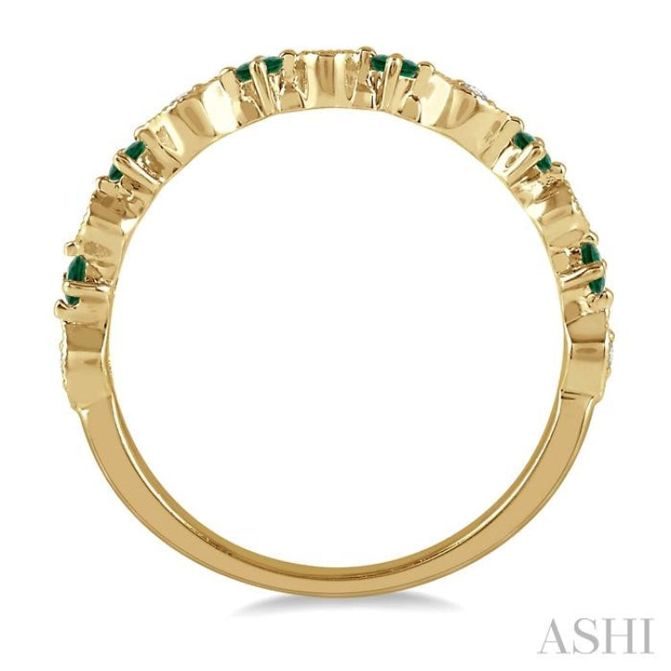 1.8 MM Round Cut Emerald and 1/20 Ctw Round Cut Diamond Precious Half Eternity Wedding Band in 14K Yellow Gold