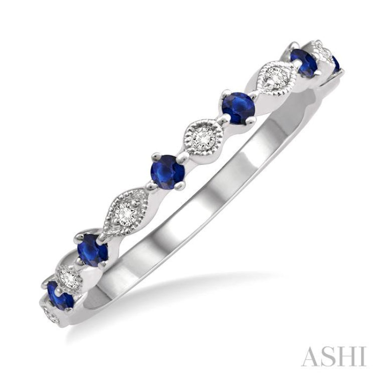 1.8 MM Round Cut Sapphire and 1/20 Ctw Round Cut Diamond Precious Half Eternity Wedding Band in 14K White Gold