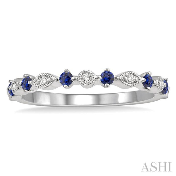 1.8 MM Round Cut Sapphire and 1/20 Ctw Round Cut Diamond Precious Half Eternity Wedding Band in 14K White Gold