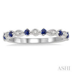 1.8 MM Round Cut Sapphire and 1/20 Ctw Round Cut Diamond Precious Half Eternity Wedding Band in 14K White Gold