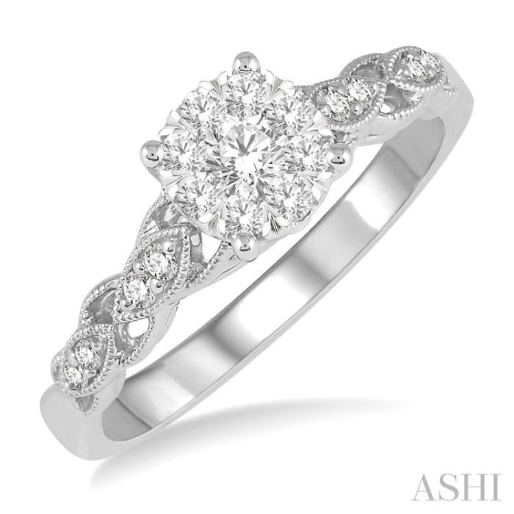 3/8 Ctw Two-Tone Lattice Shank Round Cut Diamond Lovebright Ring in 14K White Gold