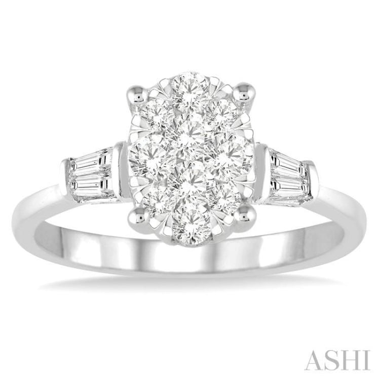 5/8 Ctw Oval Shape Lovebright Baguette and Round Cut Diamond Cluster Ring in 14K White Gold