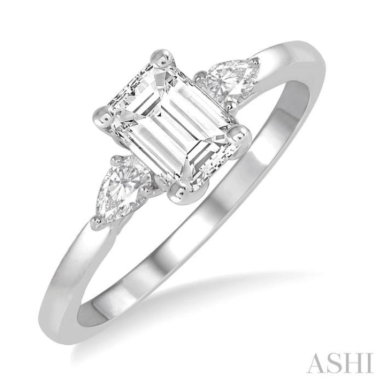 3/4 Ctw Octagon Emerald and Pear Cut Diamond Ladies Engagement Ring with 1/2 Ct Emerald Cut Center Stone in 14K White Gold