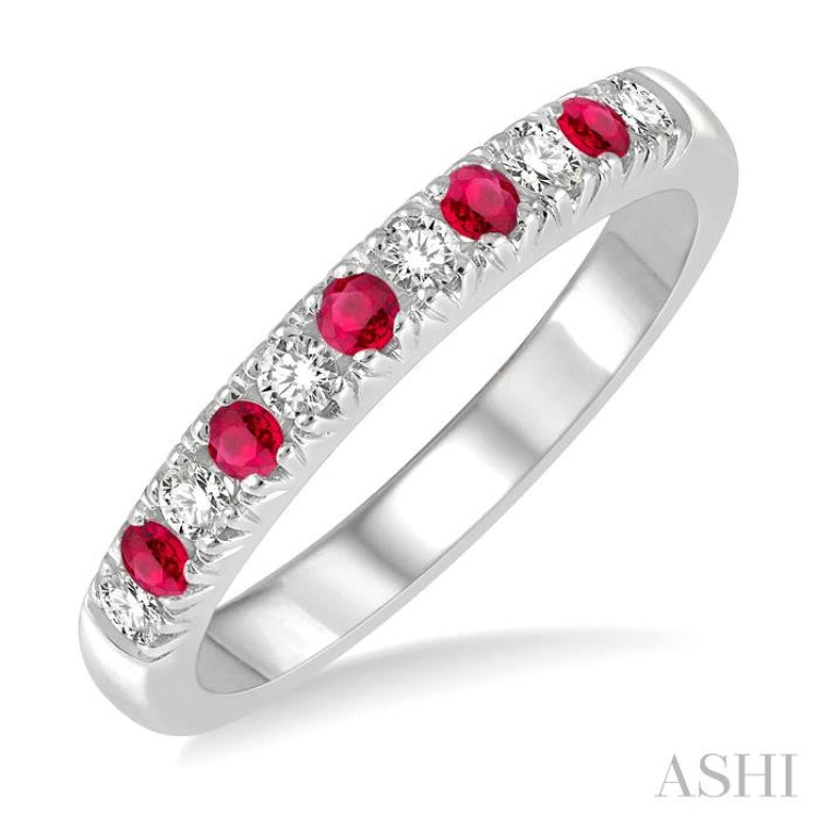 2 MM Ruby and 1/5 Ctw Round Cut Diamond Precious Wedding Band in 14K White Gold