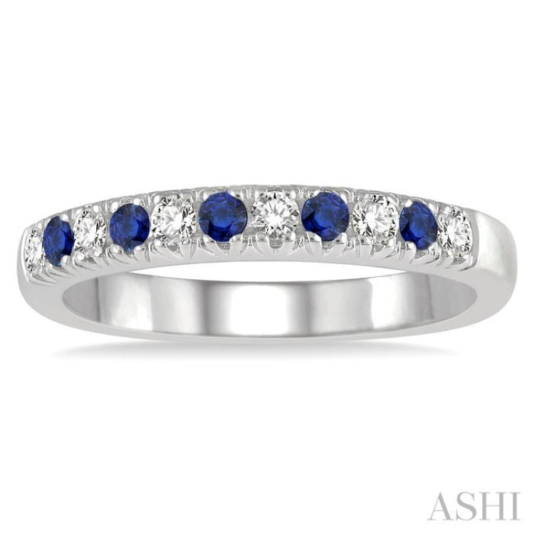 2 MM Sapphire and 1/5 Ctw Round Cut Diamond Precious Wedding Band in 14K White Gold