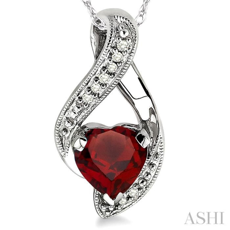 7x7 MM Heart Shape Garnet and 1/20 Ctw Single Cut Diamond Semi-Precious Pendant in 10K White Gold with Chain