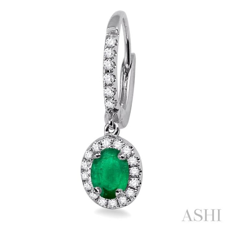 5x3 MM Oval Cut Emerald and 1/4 Ctw Round Cut Diamond Earrings in 14K White Gold