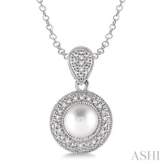 6.5X6.5 MM Cultured Pearl and 1/20 Ctw Round Cut Diamond Pendant in Sterling Silver with Chain