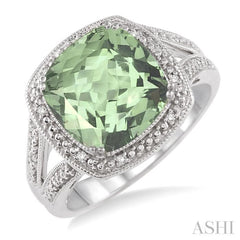 10X10 MM Cushion Shape Green Amethyst and 1/20 Ctw Round Cut Diamond Ring in Sterling Silver
