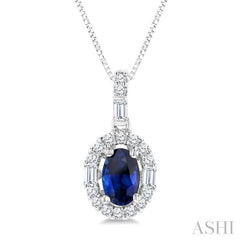 6x4 MM Oval Shape Sapphire and 1/4 Ctw Diamond Precious Pendant in 14K White Gold with Chain