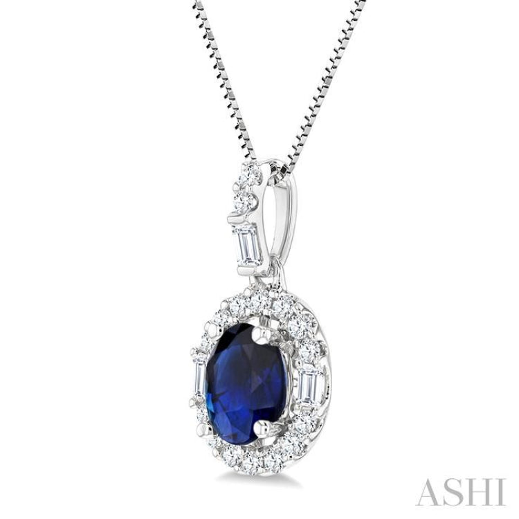 6x4 MM Oval Shape Sapphire and 1/4 Ctw Diamond Precious Pendant in 14K White Gold with Chain