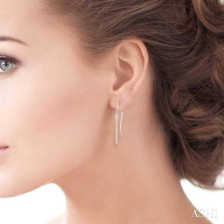 1/10 Ctw Hanging Straight Bar Round Cut Diamond Petite Earrings in 10K White Gold