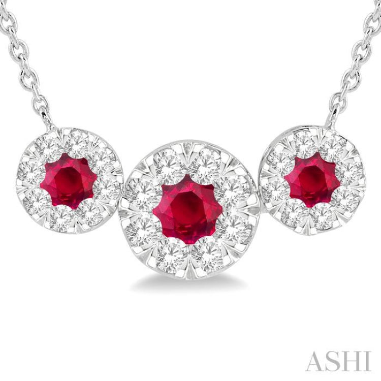 3.8 MM & 3 MM Ruby and 5/8 Ctw Round Cut Diamond Past Present & Future Precious Necklace in 14K White Gold
