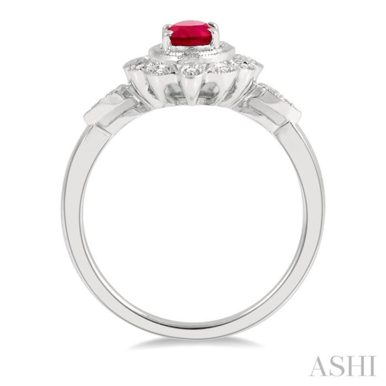 6x4 MM Oval Cut Ruby and 1/8 Ctw Lattice Reverse Taper Shank Round Cut Diamond Precious Ring in 10K White Gold