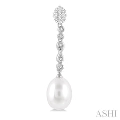 11x8.5 MM Cultured Pearls and 1/4 Ctw Round Cut Diamond Drop Hanging Lovebright Earrings in 14K White Gold