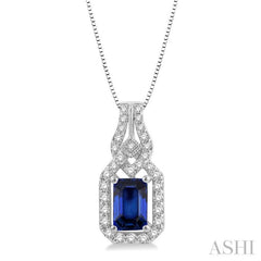 6x4 MM Emerald Shape Sapphire and 1/5 Ctw Interlocking Round Cut Diamond Precious Pendant With Chain in 14K White Gold