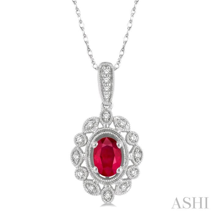 6x4 MM Oval Cut Ruby and 1/8 Ctw Lattice Round Cut Diamond Precious Pendant With Chain in 10K White Gold