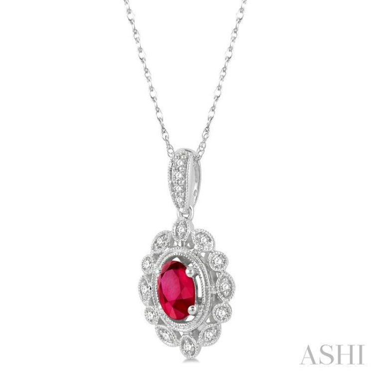 6x4 MM Oval Cut Ruby and 1/8 Ctw Lattice Round Cut Diamond Precious Pendant With Chain in 10K White Gold