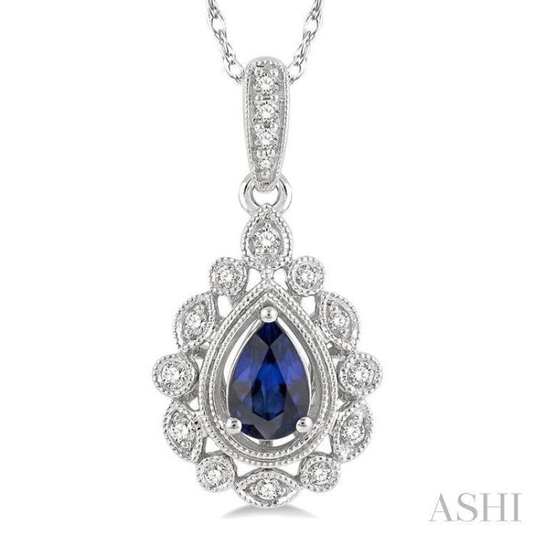 6x4 MM Pear Cut Sapphire and 1/8 Ctw Lattice Round Cut Diamond Precious Pendant With Chain in 10K White Gold