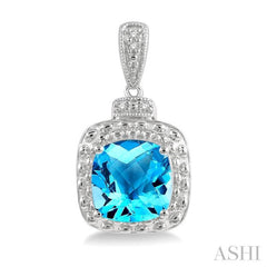 8x8 MM Cushion Shape Blue Topaz and 1/50 Ctw Round Cut Diamond Semi-Precious Earring in Sterling Silver