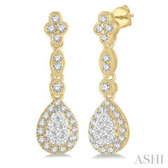 5/8 Ctw Pear Shape Halo Lovebright Round Cut Diamond Earrings in 14K Yellow and White Gold