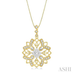 5/8 Ctw Floral Lattice Two Tone Cushion Shape Center Lovebright Round Cut Diamond Pendant With Chain in 14K Yellow and White Gold