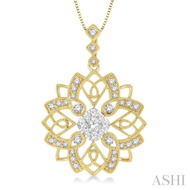 5/8 Ctw Floral Lattice Two Tone Cushion Shape Center Lovebright Round Cut Diamond Pendant With Chain in 14K Yellow and White Gold