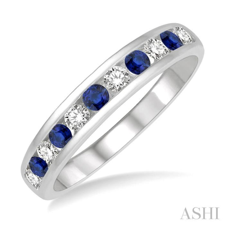 2.3 MM Sapphire and 1/4 Ctw Round Cut Diamond Precious Wedding Band in 14K White Gold