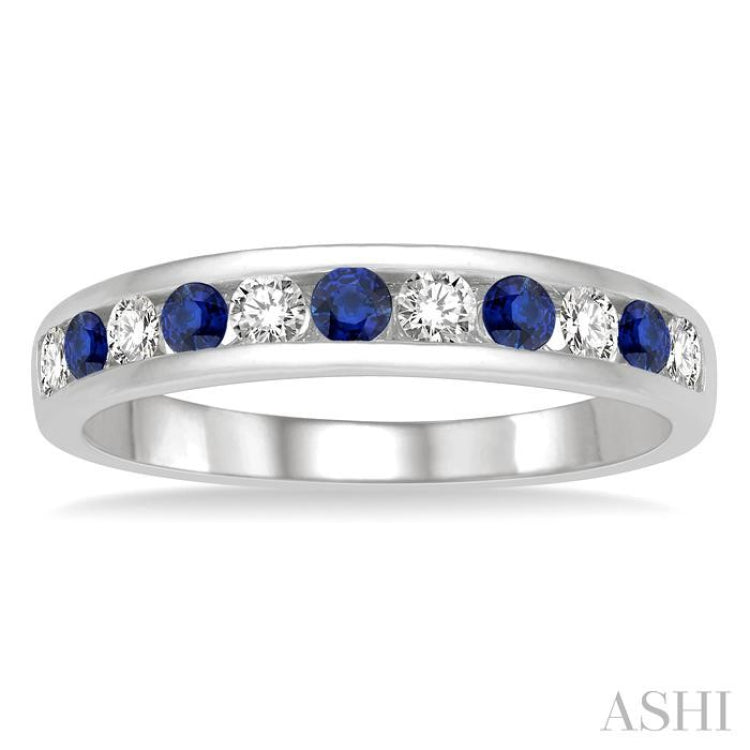 2.3 MM Sapphire and 1/4 Ctw Round Cut Diamond Precious Wedding Band in 14K White Gold