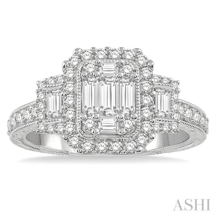 7/8 Ctw Octagonal & Rectangular Mount Baguette and Round Cut Diamond Engagement Ring in 14K White Gold