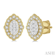 1/4 Ctw Lattice Edge Oval Shape Lovebright Round Cut Diamond Earrings in 14K Yellow and White Gold